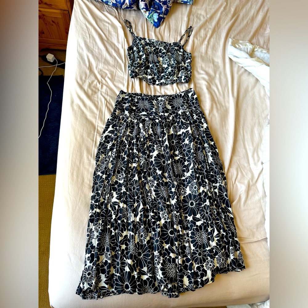 Anthropologie Two Piece Black and White Floral skirt set